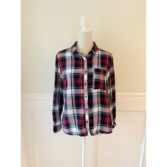 Como Vintage L Plaid Flannel Button-Down Shirt Red & Navy Long Sleeve - Picture 1 of 4